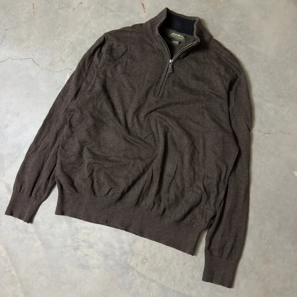 Eddie Bauer Quarter Zip Sweater Mens L Brown Cashmere Blend Old Money Heritage